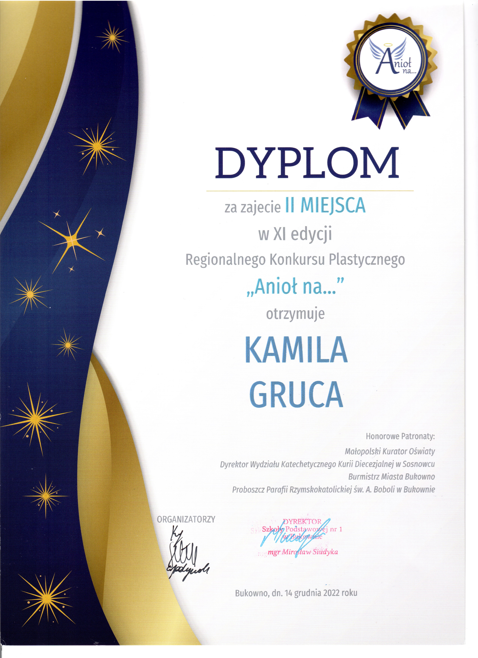Dyplom przyznany Kamili Gruca za zajęcie II miejsca w XI edycji Regionalnego Konkursu Plastycznego „Anioł na…”