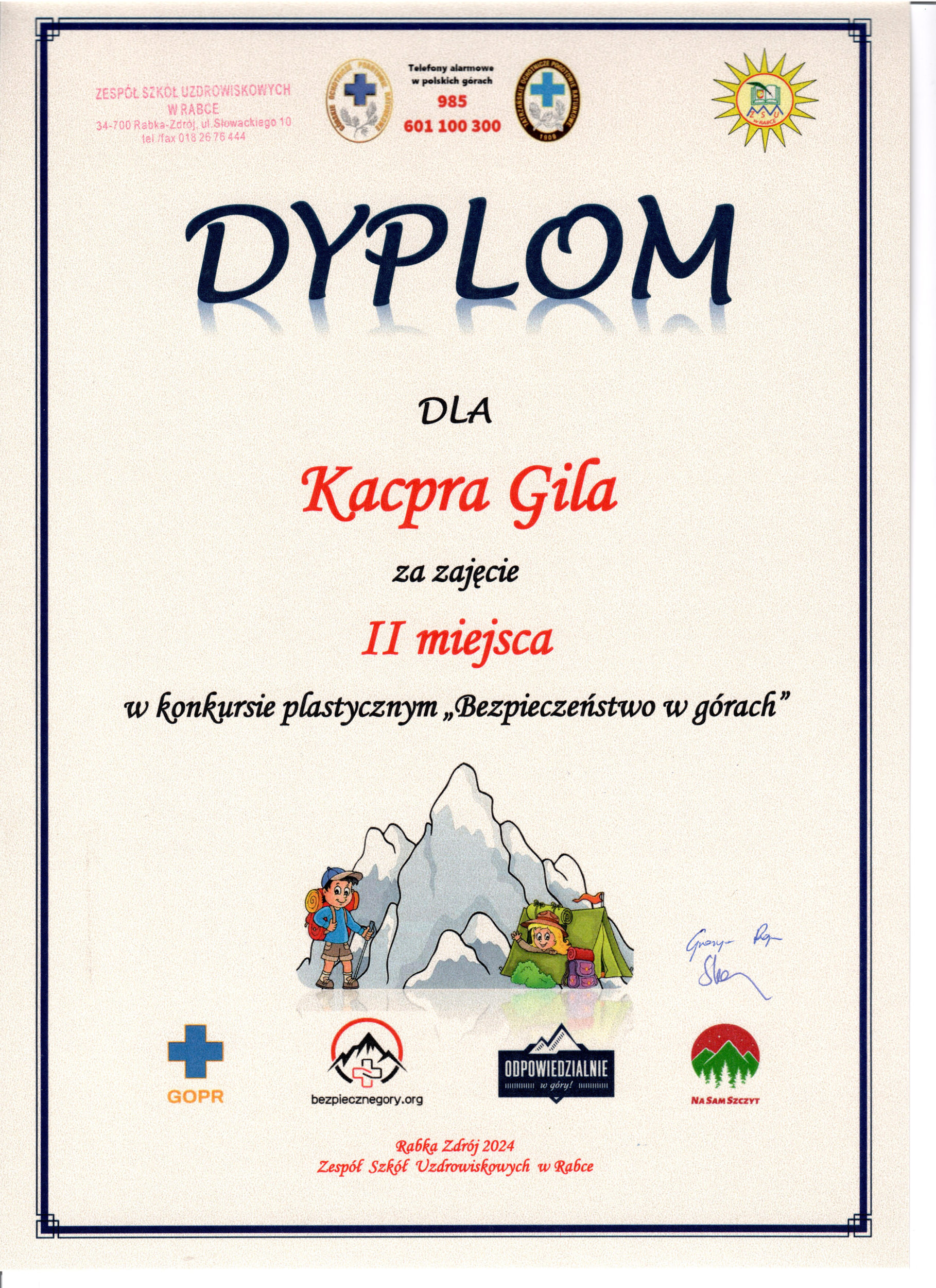 Dyplom przyznany Kacprowi Gilowi za zajęcie II miejsca w konkursie plastycznym „Bezpieczeństwo w górach”. 