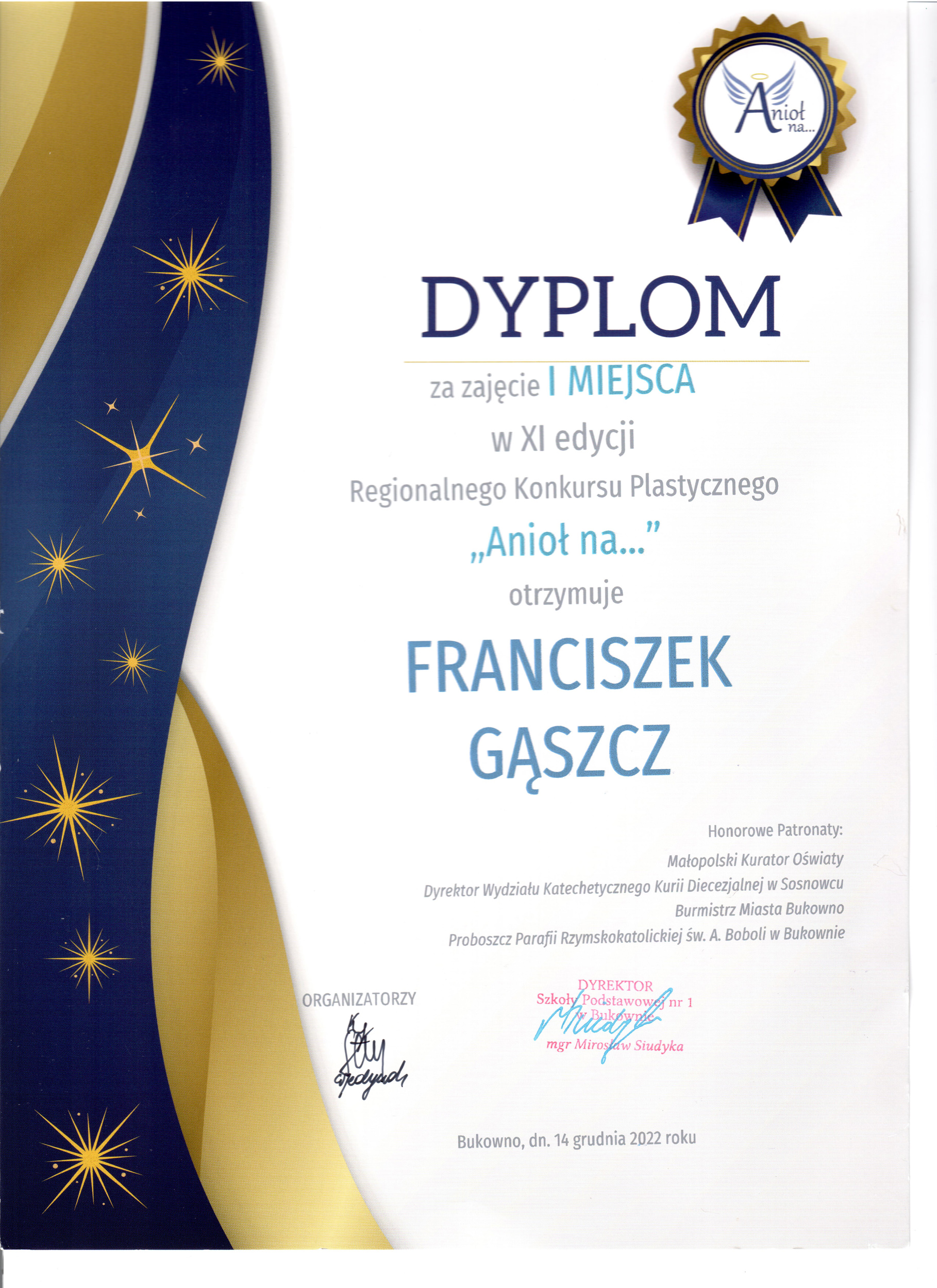 Dyplom przyznany Franciszkowi Gąszczowi za zajęcie I miejsca w XI edycji Regionalnego Konkursu Plastycznego „Anioł na…”.