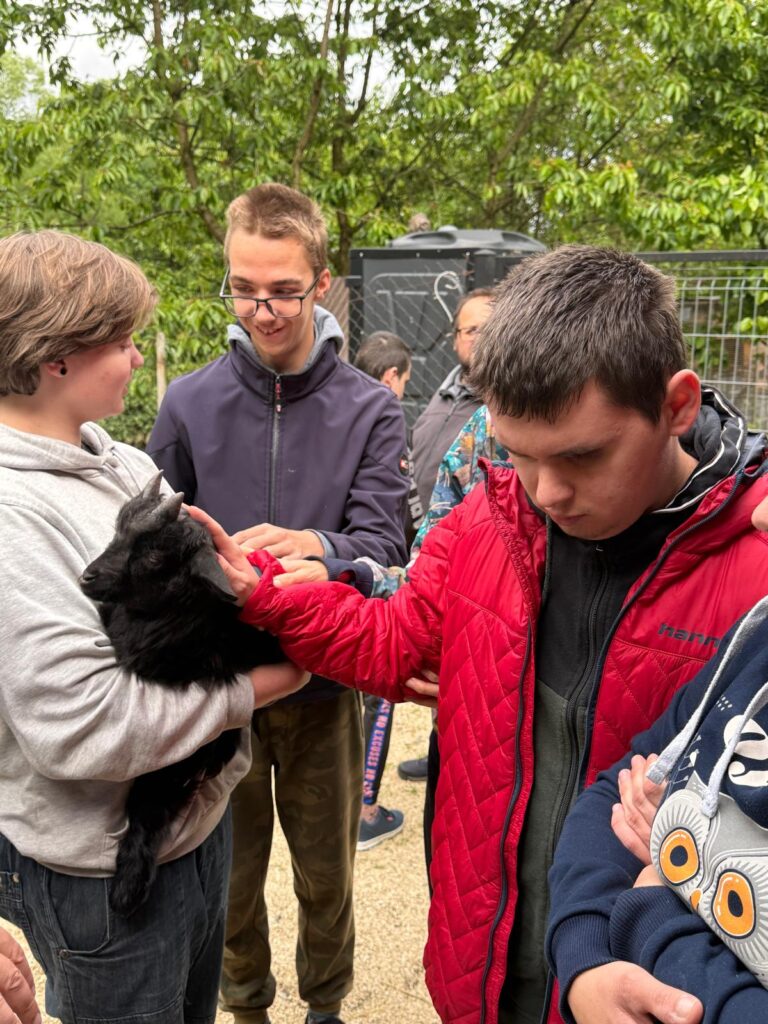 Dwóch chłopców głaszcze małego czarnego koziołka, którego trzyma na rękach kobieta.