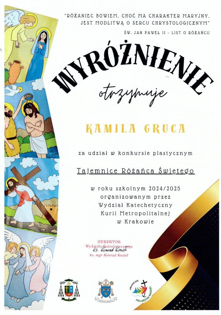 wyróżnienie dla Kamili Grucy w konkursie plastycznym Tajemnice różańca świętego