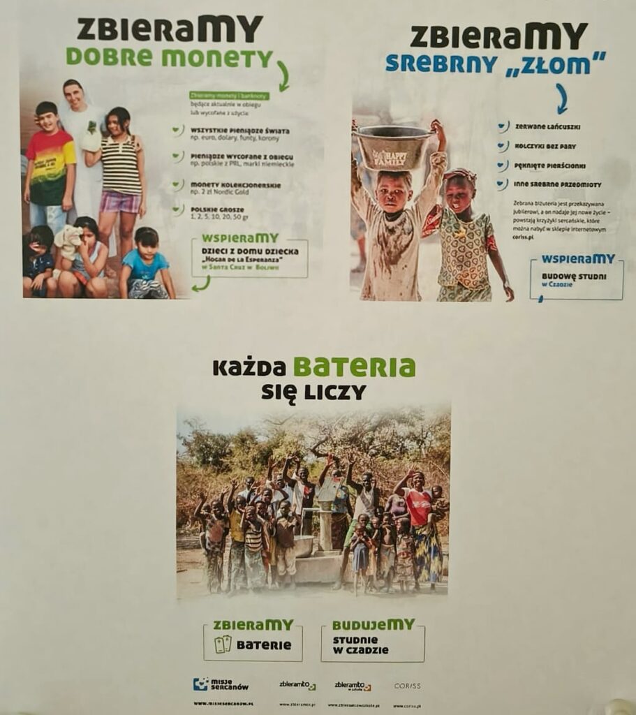 Plakat informacyjny o zbiórce w szkole monet, srebrnego złomu i baterii