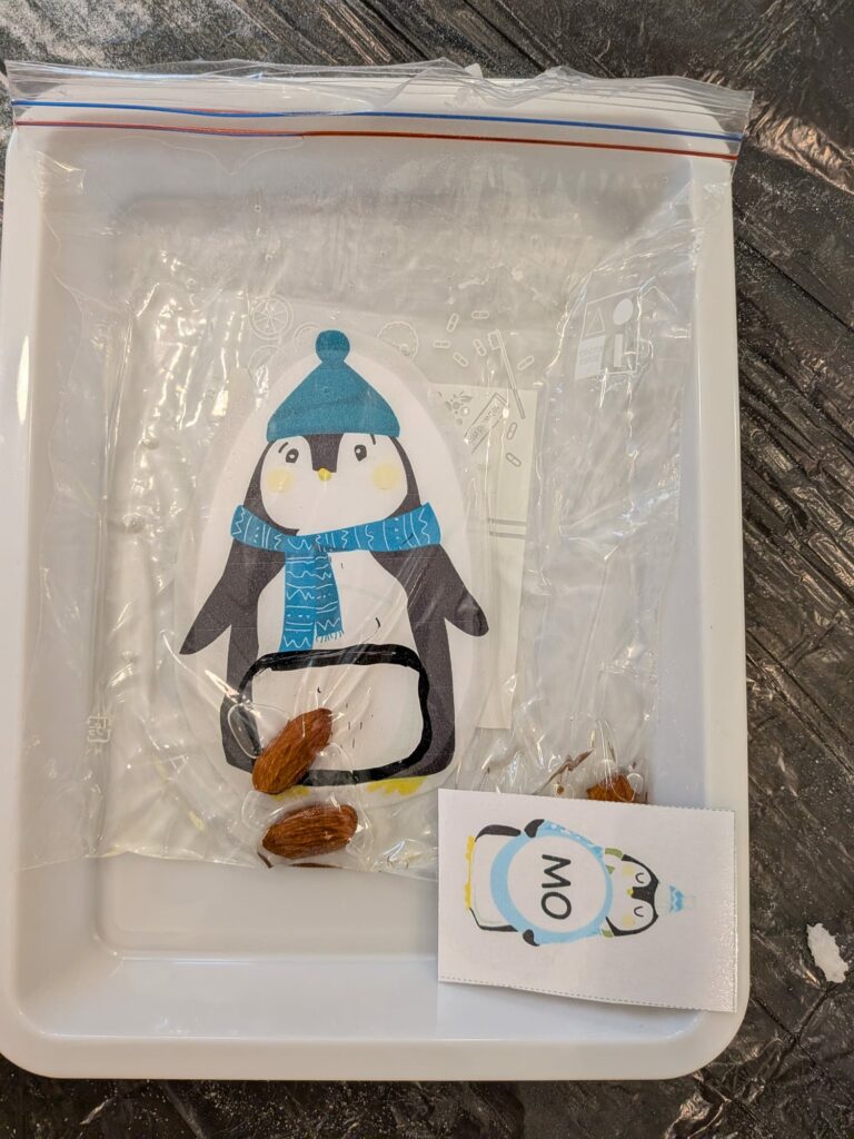 Biała taca na której znajduje się woreczek strunowy z grafiką pingwina i kilkoma migdałami. Obok leży mały obrazek pingwina  z napisem "mo".