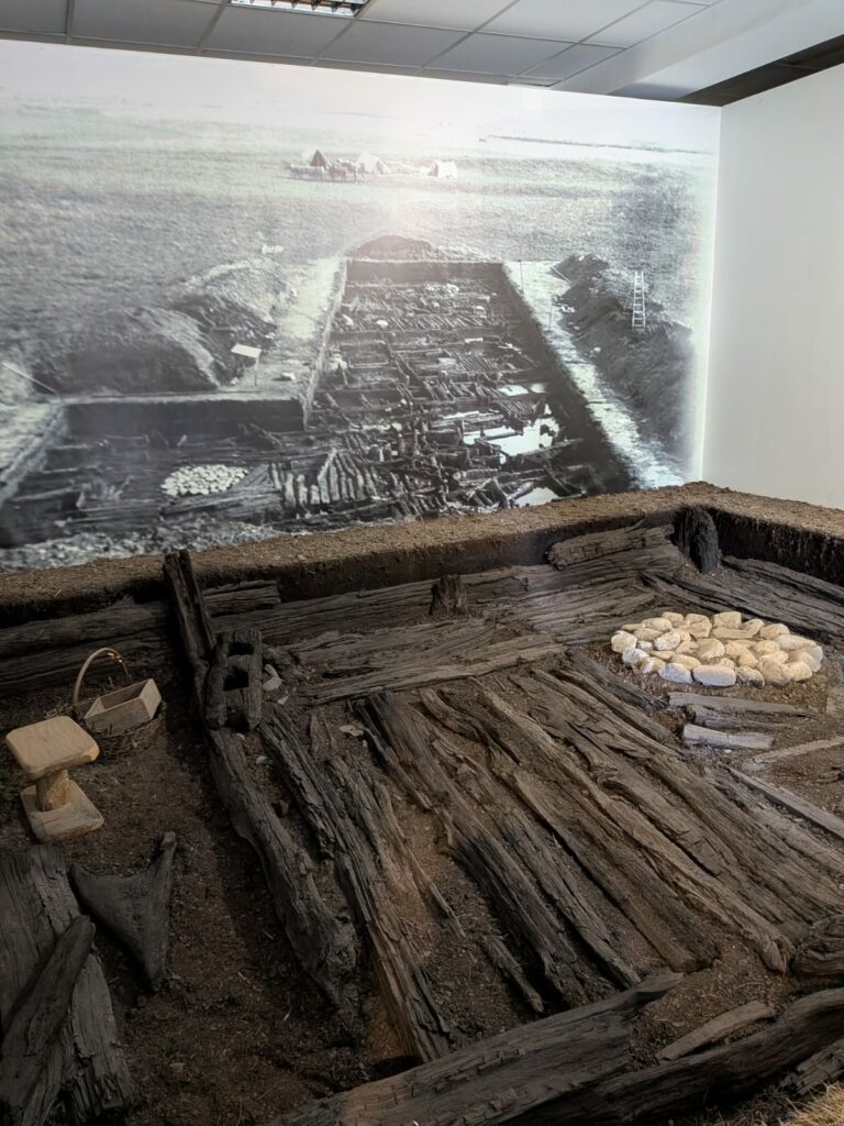 Wnętrze muzeum z rekonstrukcją drewnianej konstrukcji i zdjęciem wykopalisk na ścianie.