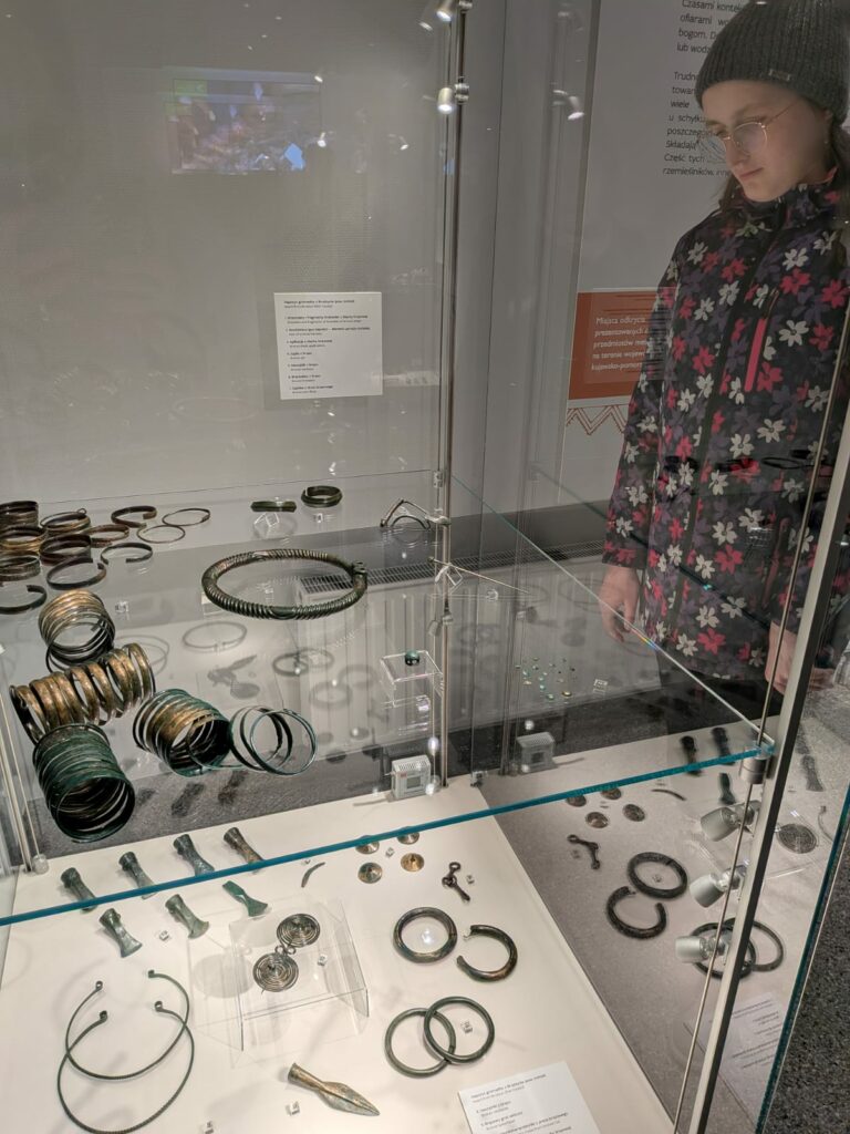 Szklana gablota z przedmiotami z wykopalisk.