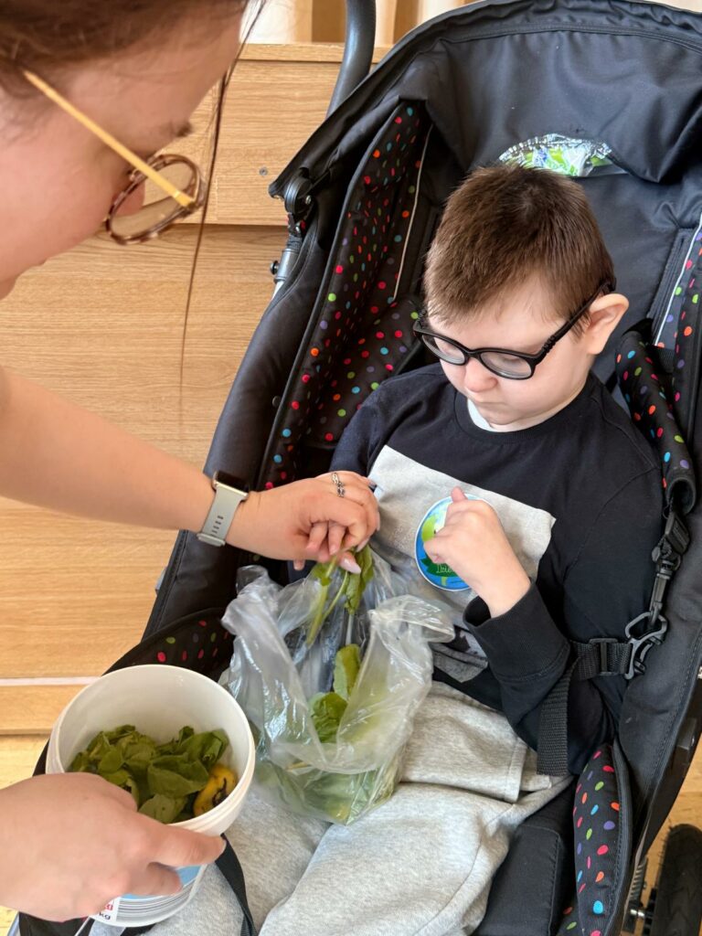 Chłopiec w okularach siedzący w wózku dotyka rośliny w plastikowej torbie.