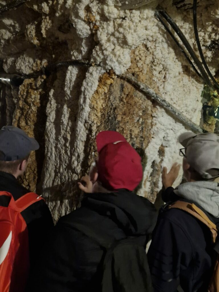  Trzy osoby stoją tyłem do obiektywu w ciemnym korytarzu, przyglądając się z bliska i dotykając ściany gęsto pokrytej białymi, kalafiorowatymi narostami soli.