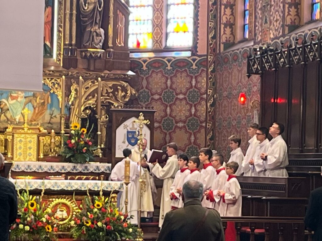 Ministranci i Ksiądz stojący przy ołtarzu podczas mszy św.